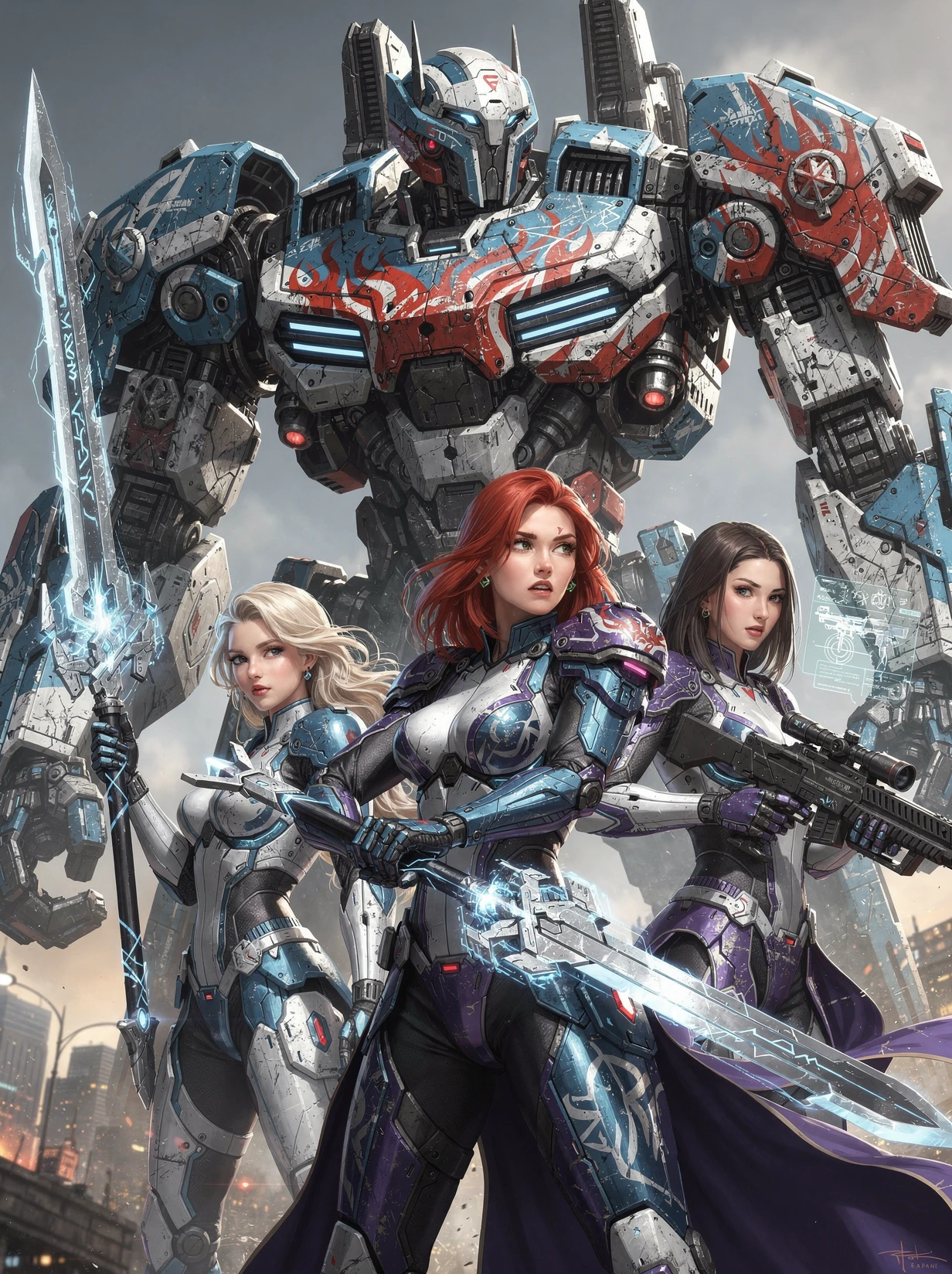 Futuristic warrior women with colossal combat robot
