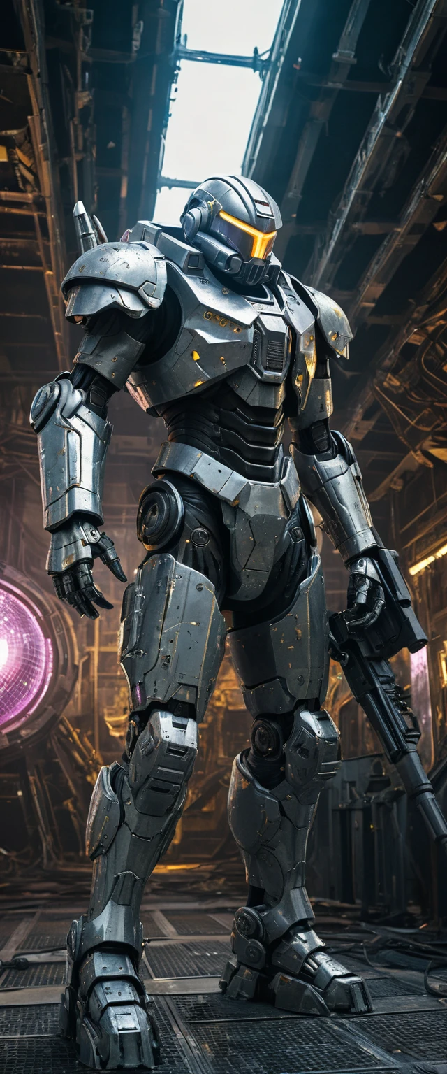 Futuristic exosuit warrior in mirrored armor on aircraft platform