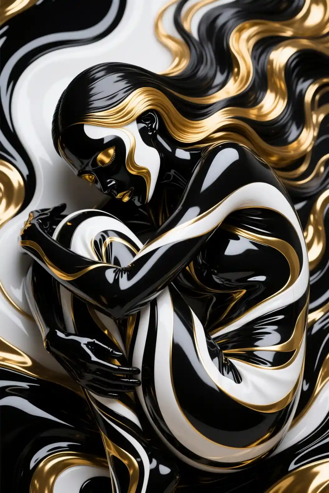 Surreal feminine figure wrapped in flowing abstract silk