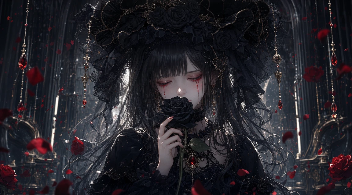 Chica anime con vestido gótico y rosa negra