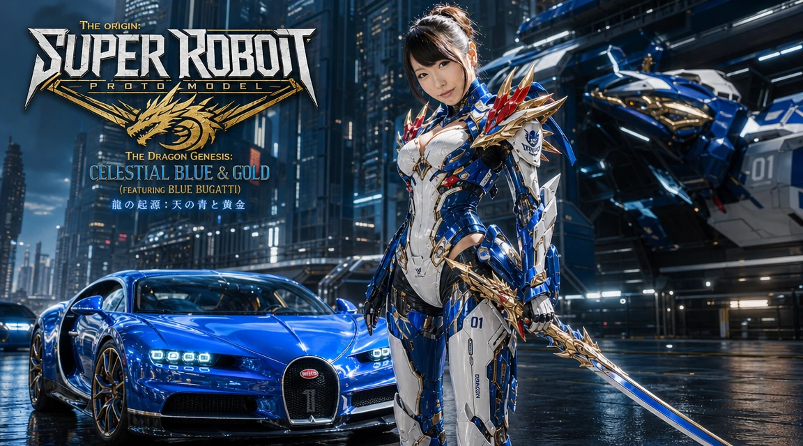 Futuristic mecha woman standing in a neon city street