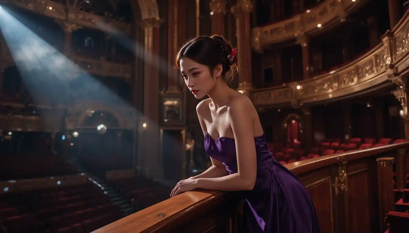 Korean girl in purple slip dress at theater balcony