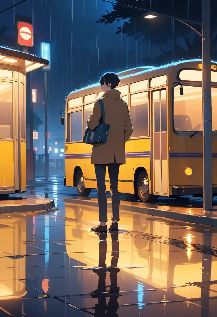 Young man at rainy night bus stop watching last bus leave