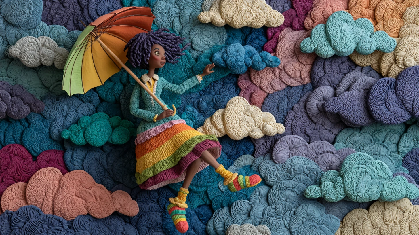 Mujer en claymation con atuendo inspirado en el cielo y paraguas