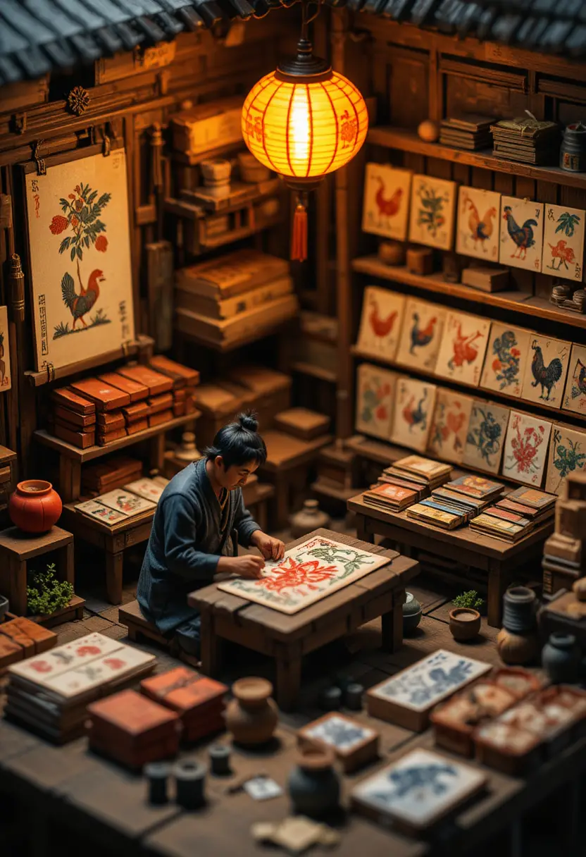 Laboratorio in miniatura di xilografia Dong Ho illuminato da una lanterna calda