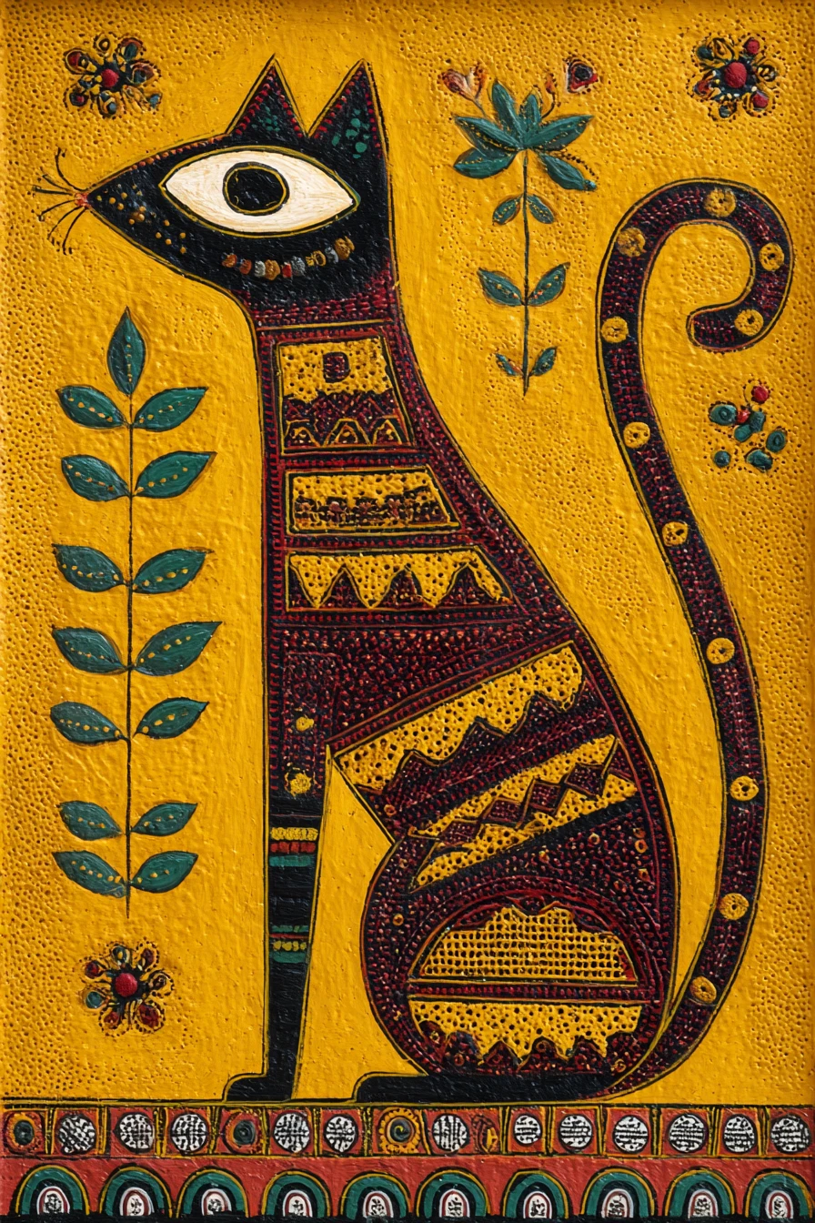 Pintura tradicional tribal de gato sobre fondo amarillo brillante
