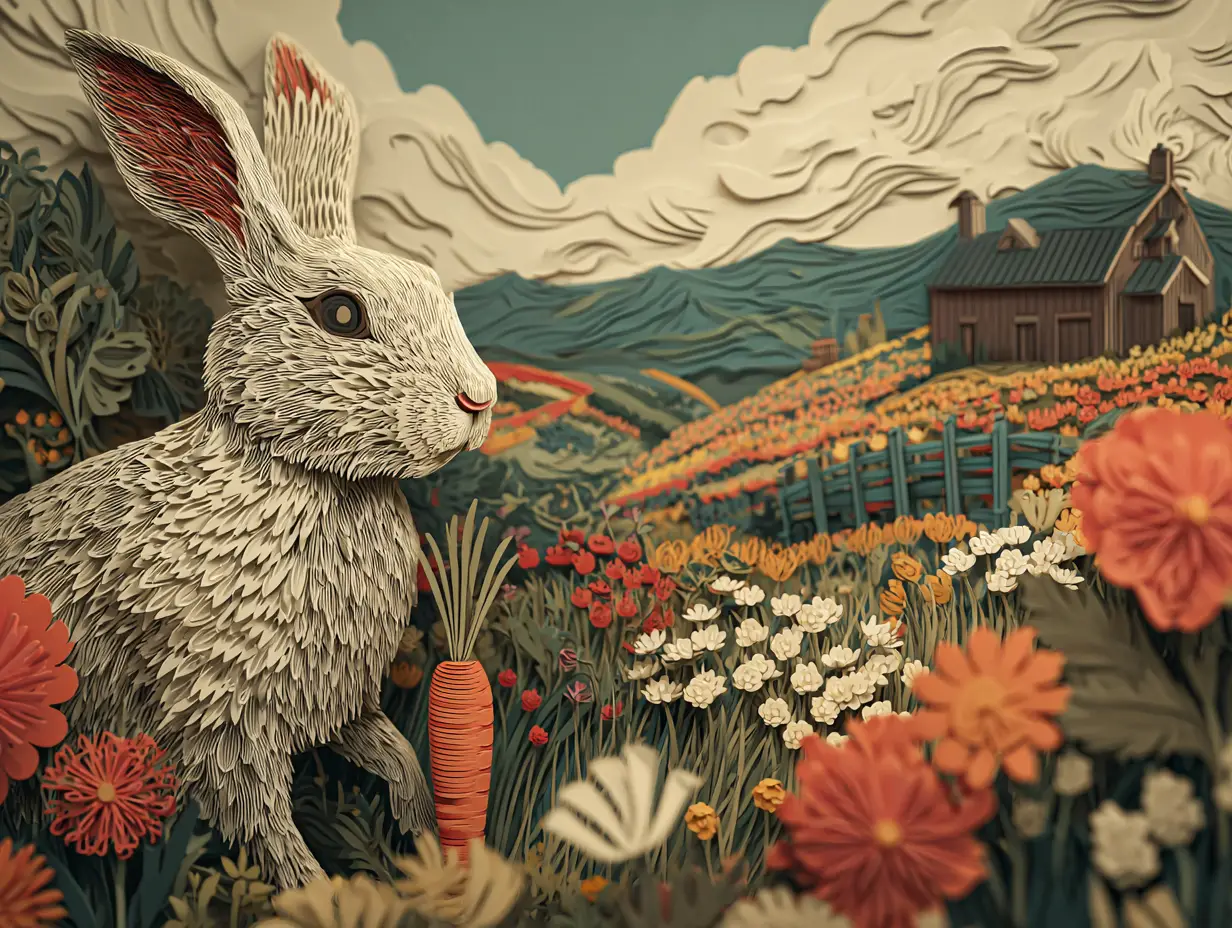 Cute rabbit with carrot in colorful farm meadow