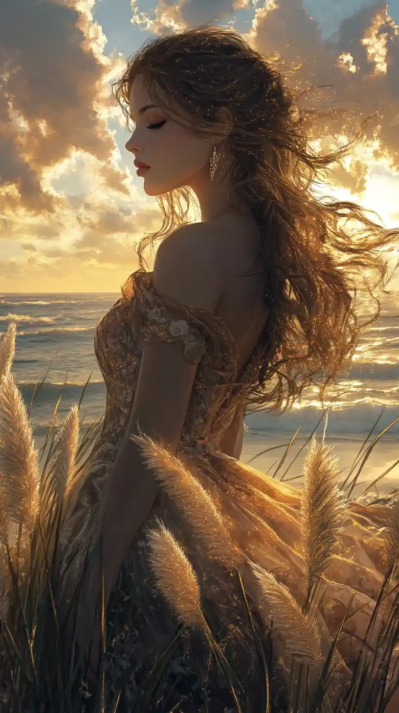 Romantic lady portrait on the beach at dusk