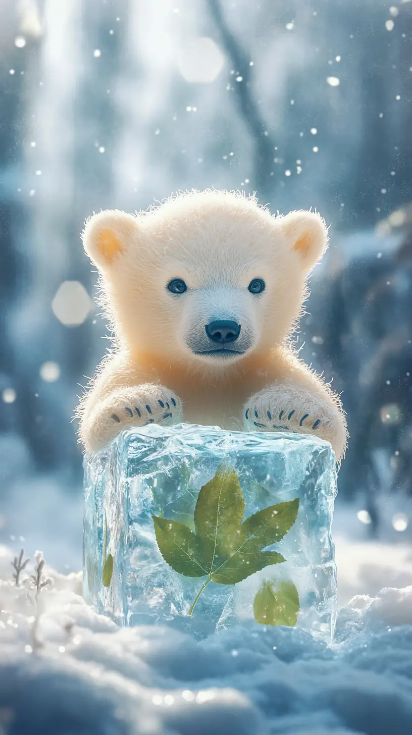 Cute polar bear cub with icy cube in snowy forest