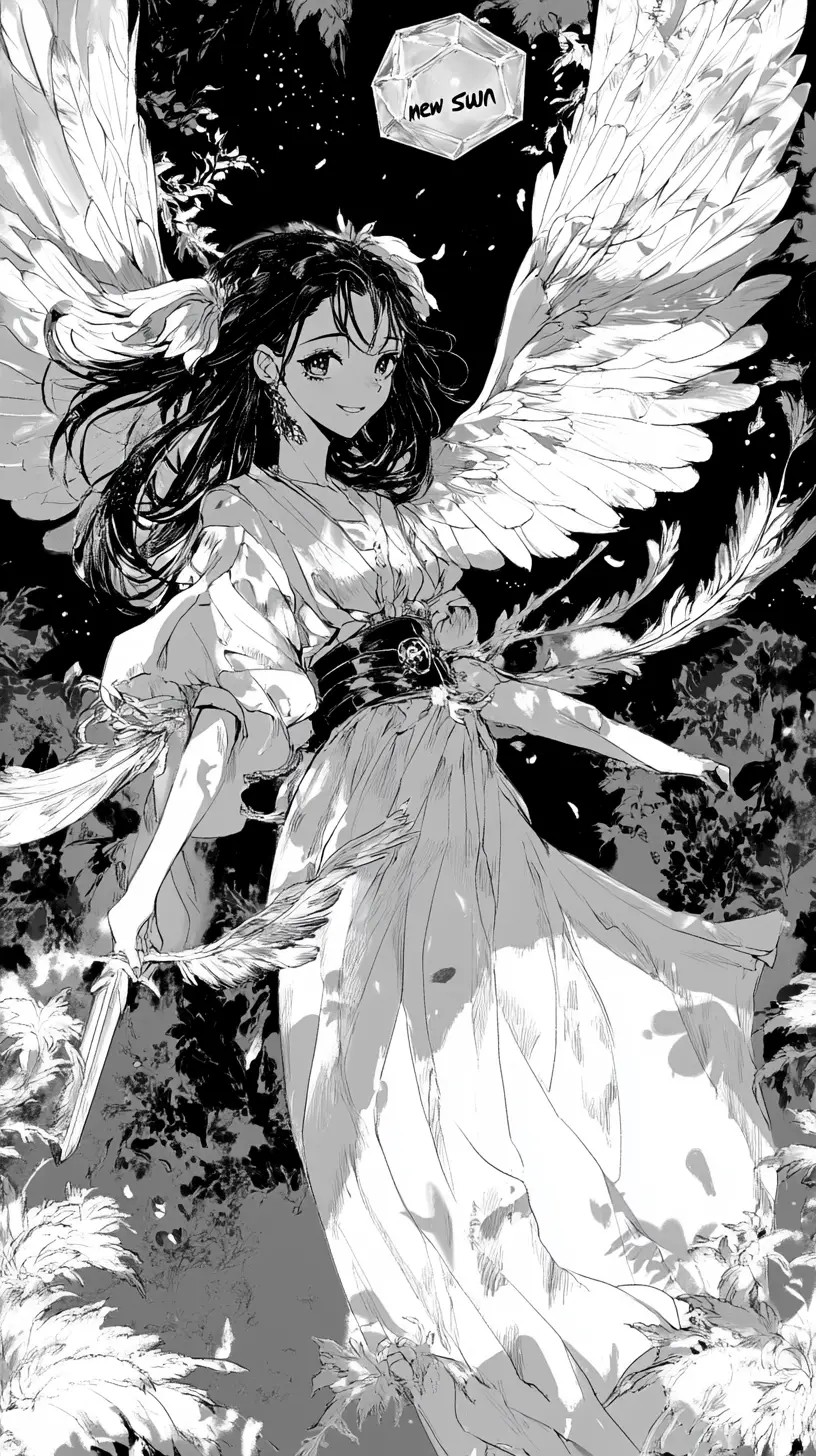 Manga girl wielding a sword under a glowing crystal