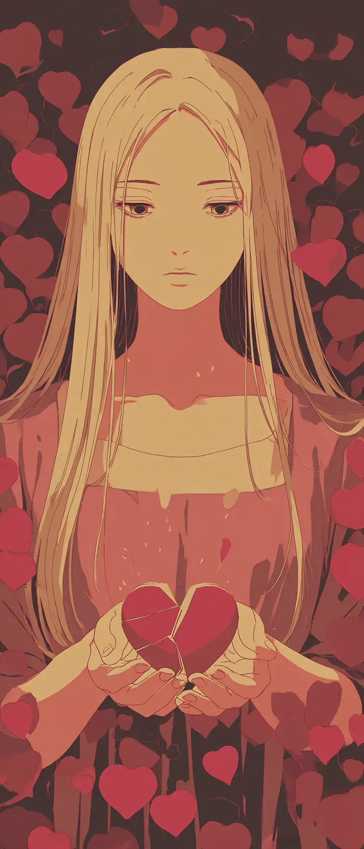 Anime woman holding a cracked heart among floating icons