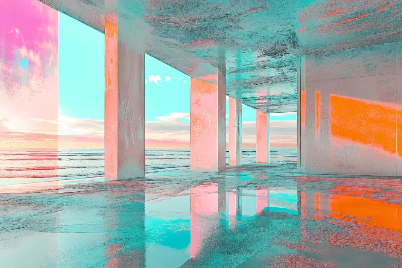 Surreal ruhiger Strand in pastell-metallischen Farben