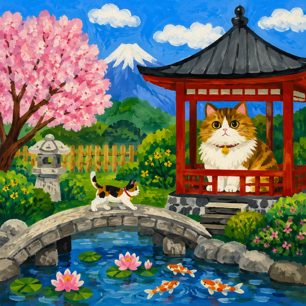 Naive painting of a cat in a red pagoda garden