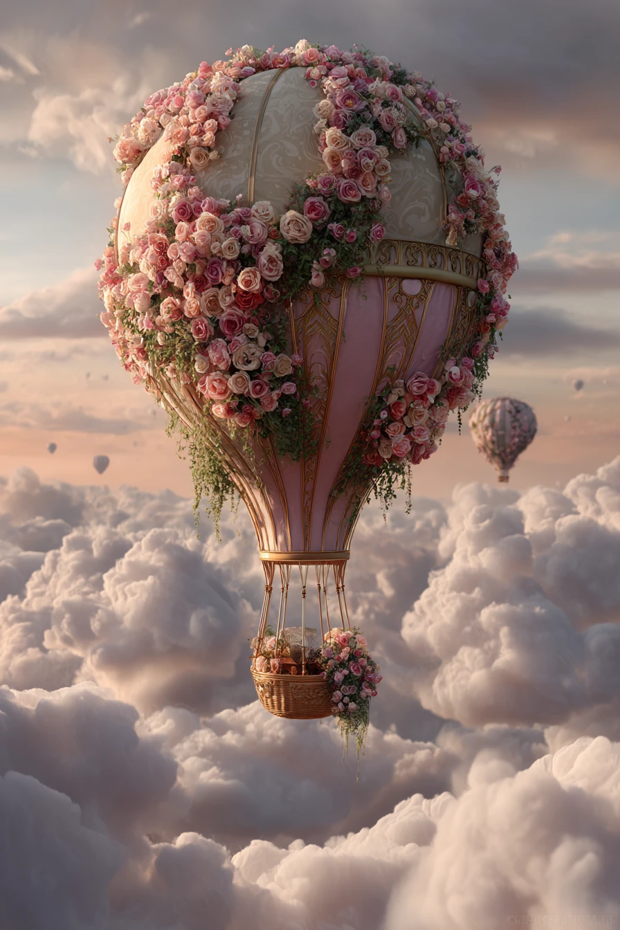Globo aerostático cubierto de flores flotando en un cielo de ensueño