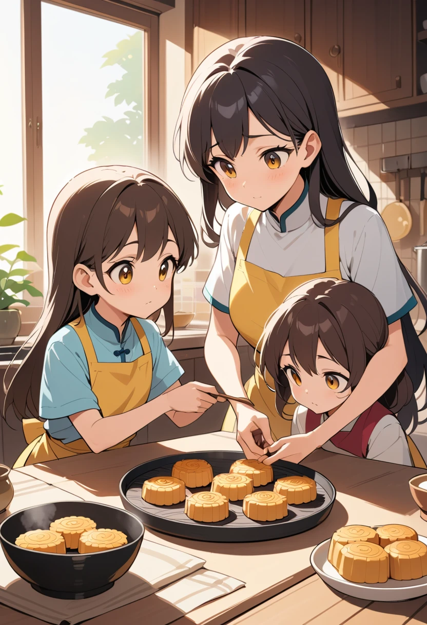 Mother and daughters making mooncakes at a warm kitchen table