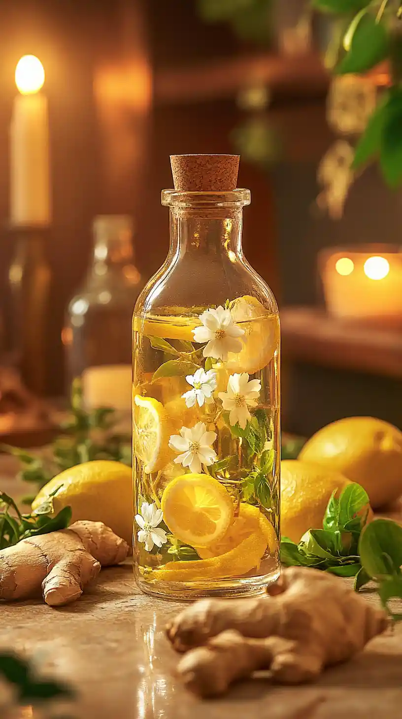 Glass bottle with lemon water and flowers on rustic table