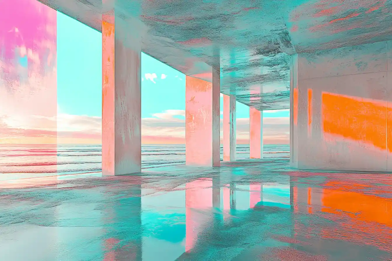 Surreal serene beachside in pastel metallic colors