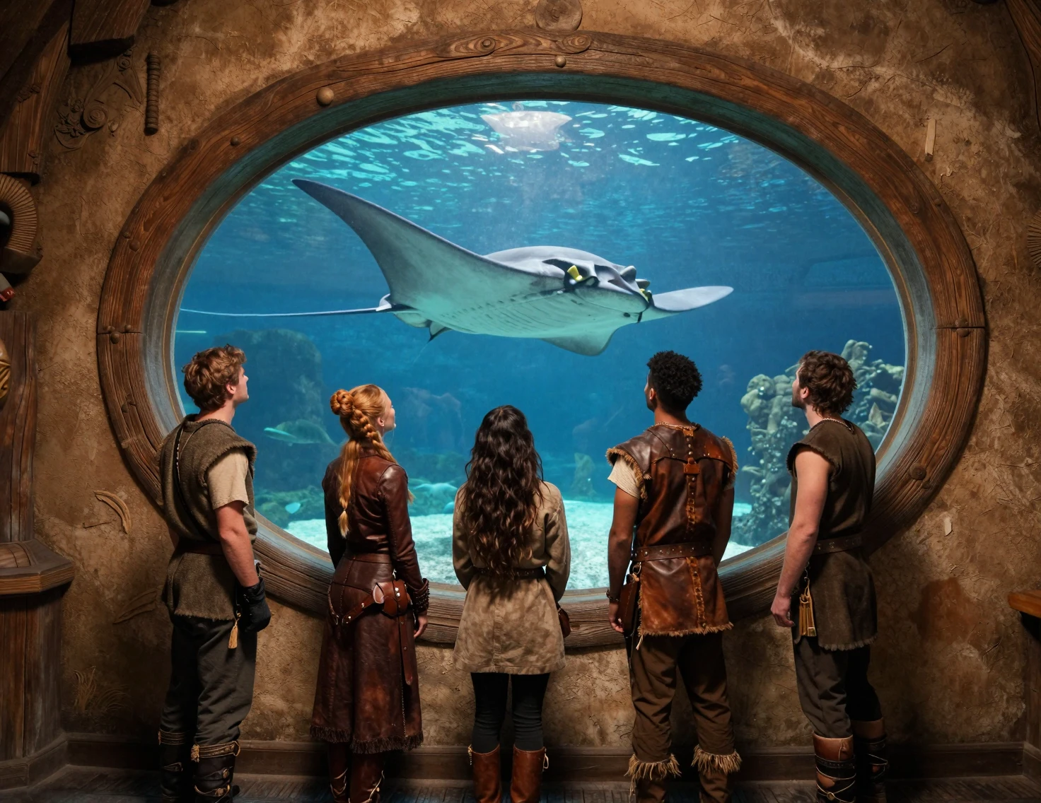 African friends at a fantasy aquarium watching giant rays