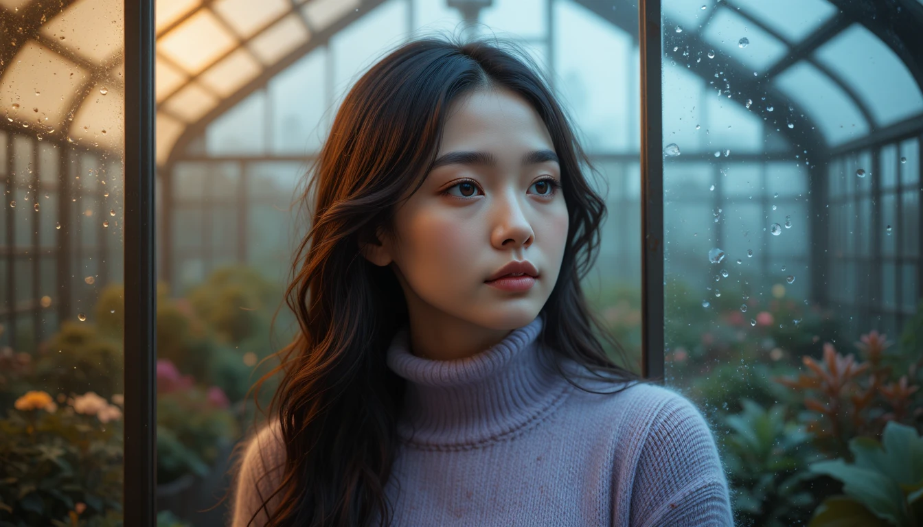 Serene Korean girl by a rain covered greenhouse window