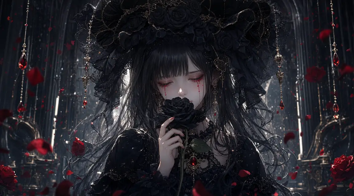 Anime girl in gothic dress with black rose