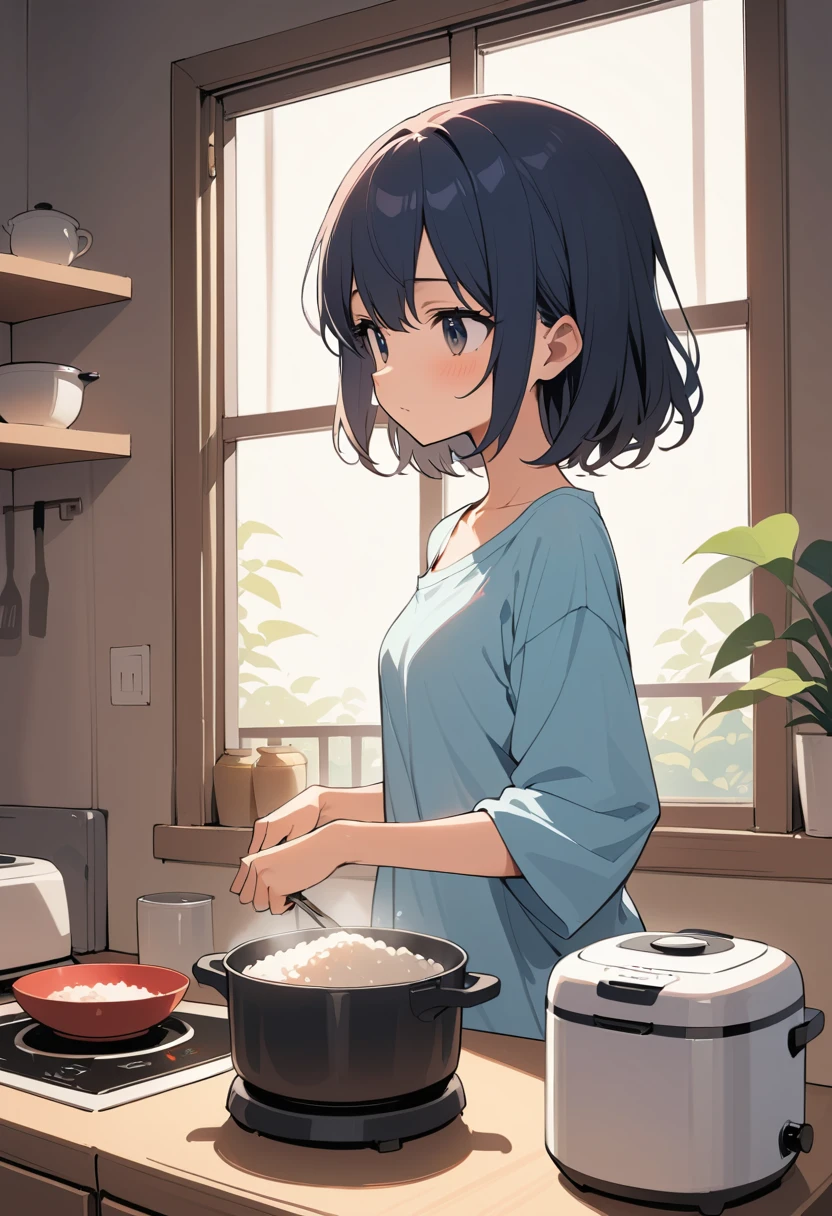 Young woman cooking rice in a tiny sunlit kitchen