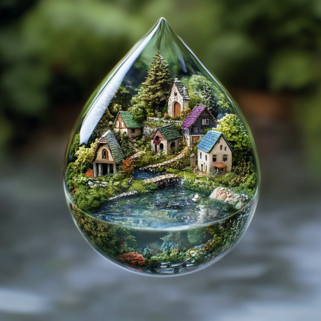 Pequeña aldea reflejada en una gota de agua reluciente