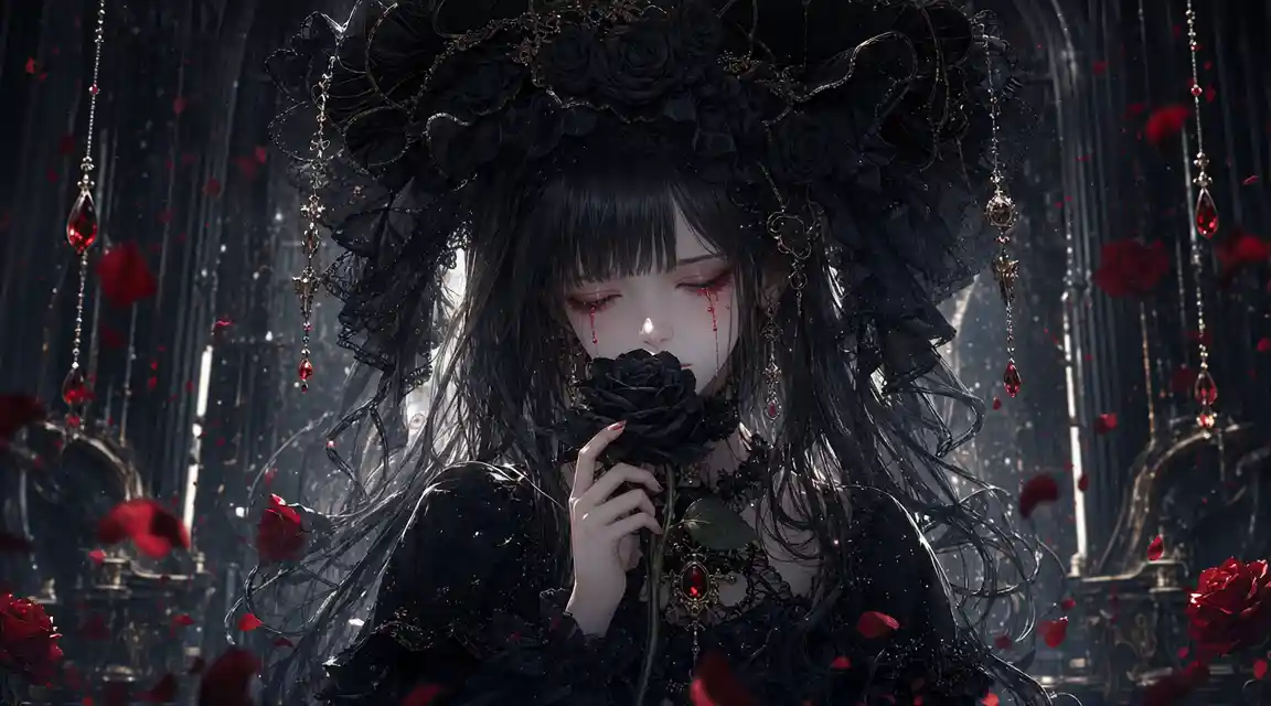 Anime girl in gothic dress with black rose