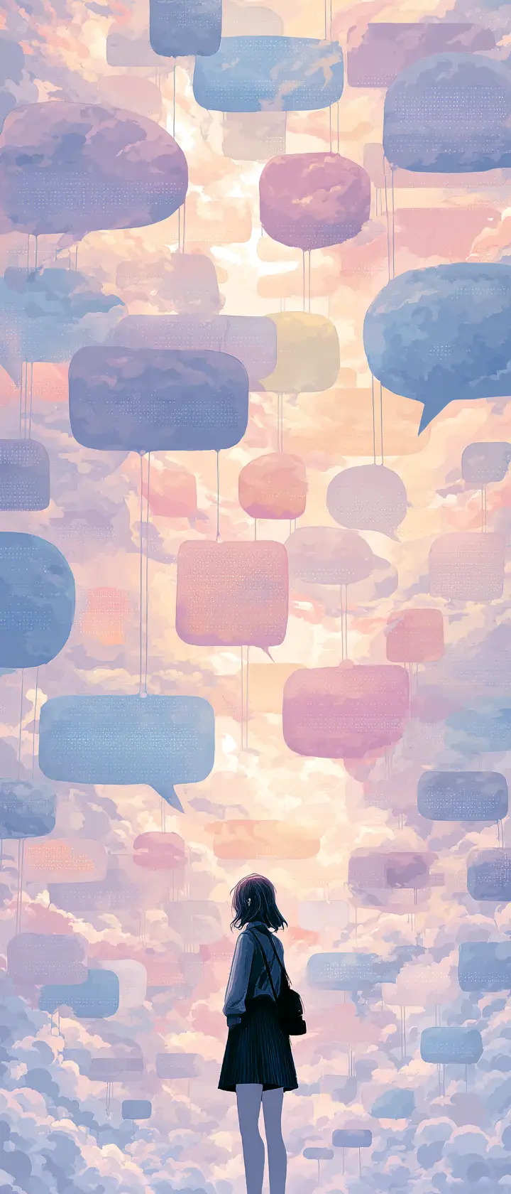 Anime spirit girl inside endless empty speech bubbles