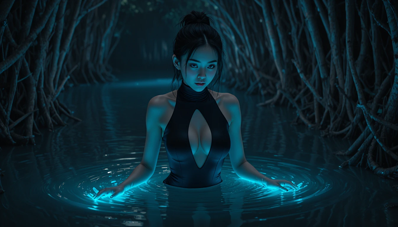 Korean college girl in glowing mangrove water at night