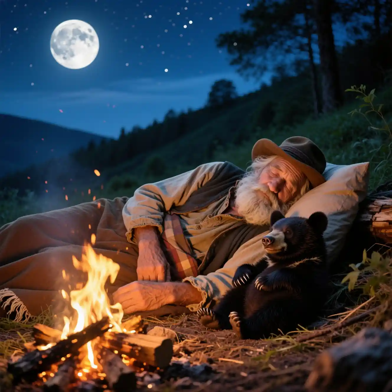 Old hillbilly sleeping by a campfire under moonlight
