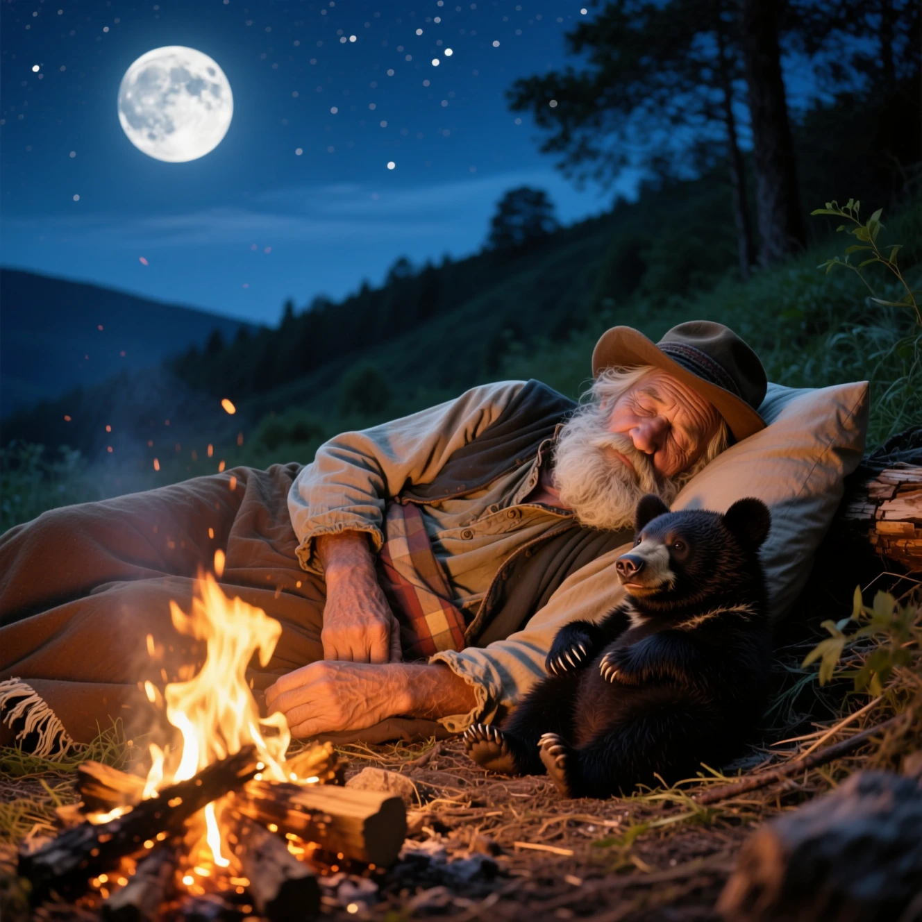 Viejo campesino durmiendo junto a una fogata bajo la luz de la luna