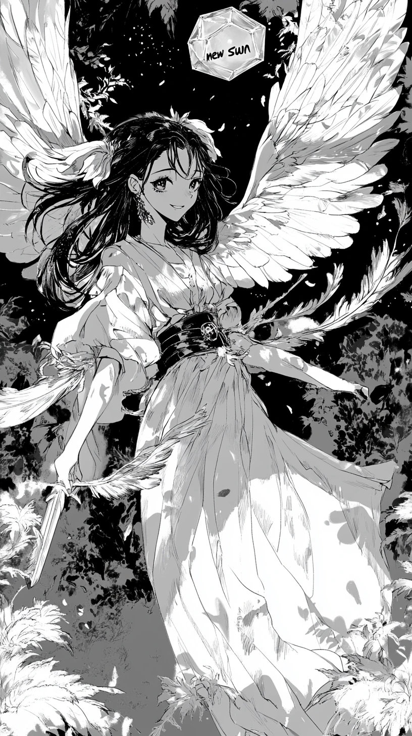 Chica de manga empuñando una espada bajo un cristal brillante