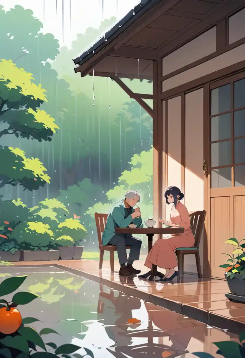 Middle aged couple sharing tea on a rainy wooden veranda