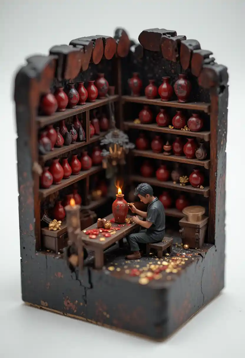Miniature Lacquer Workshop Lit By A Single Candle
