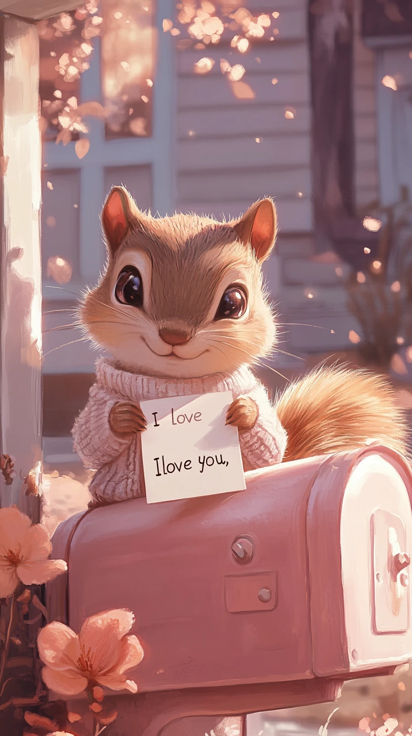 Cute chipmunk with love note on pink mailbox