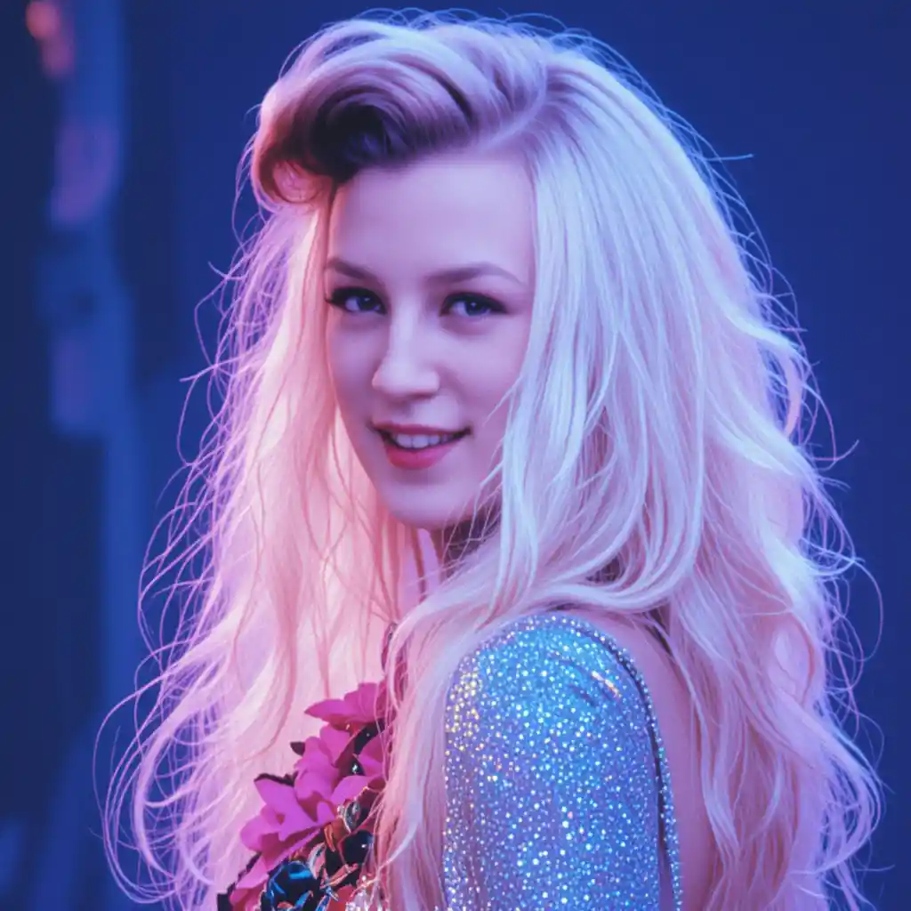 Joyful blonde pop singer full body portrait in 2026 style