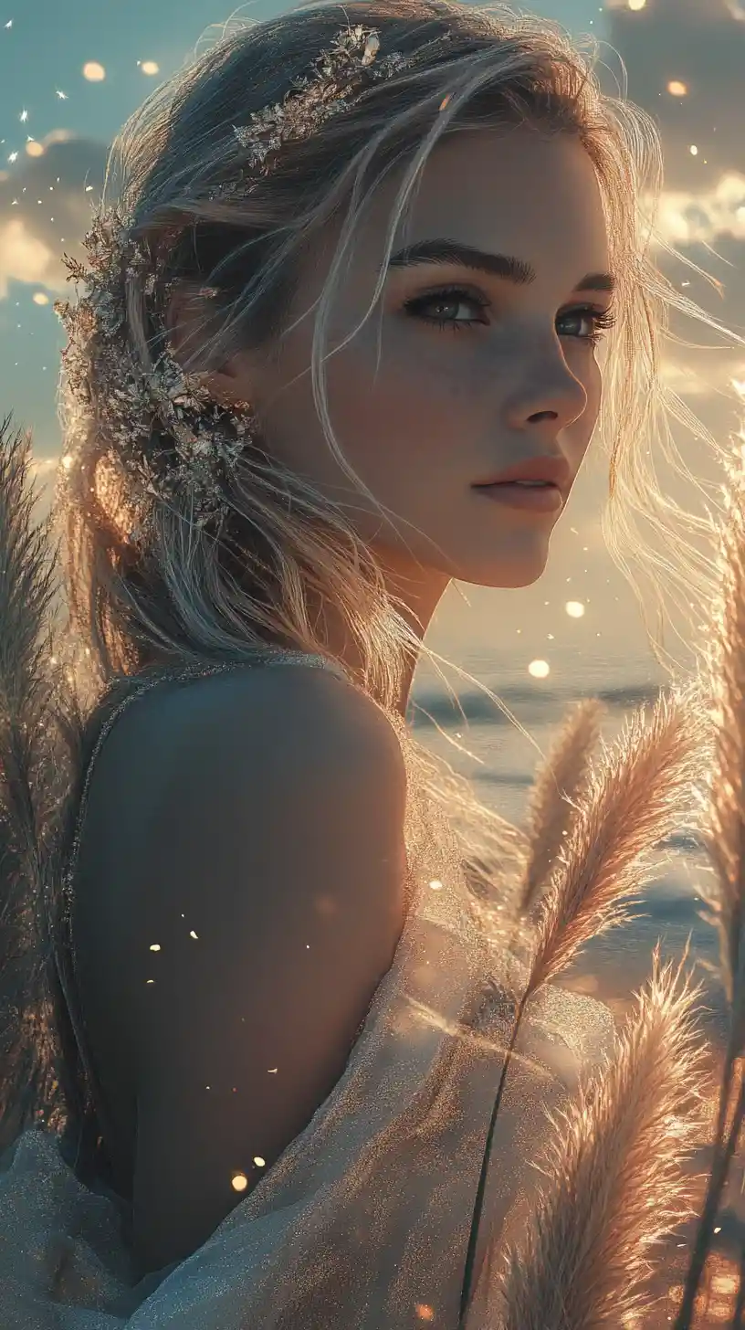 Romantic lady portrait on a beach at dusk with sunlight