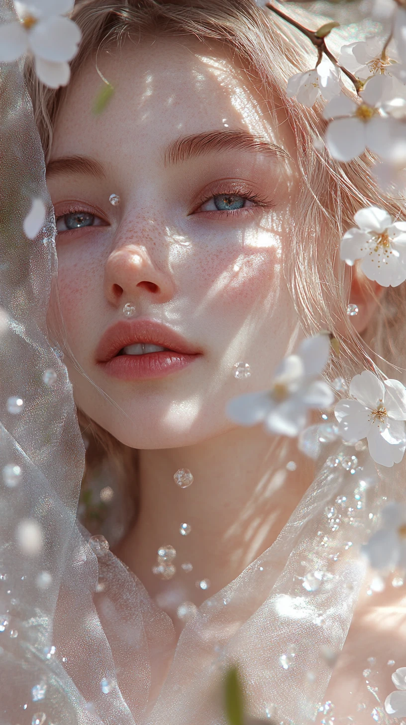 Portrait éthéré de fille d’anime avec fleurs de cerisier