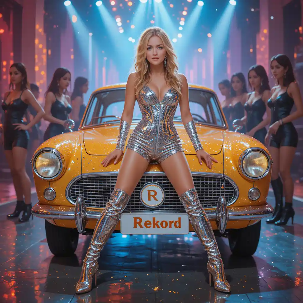 Young woman posing by vintage car on disco stage