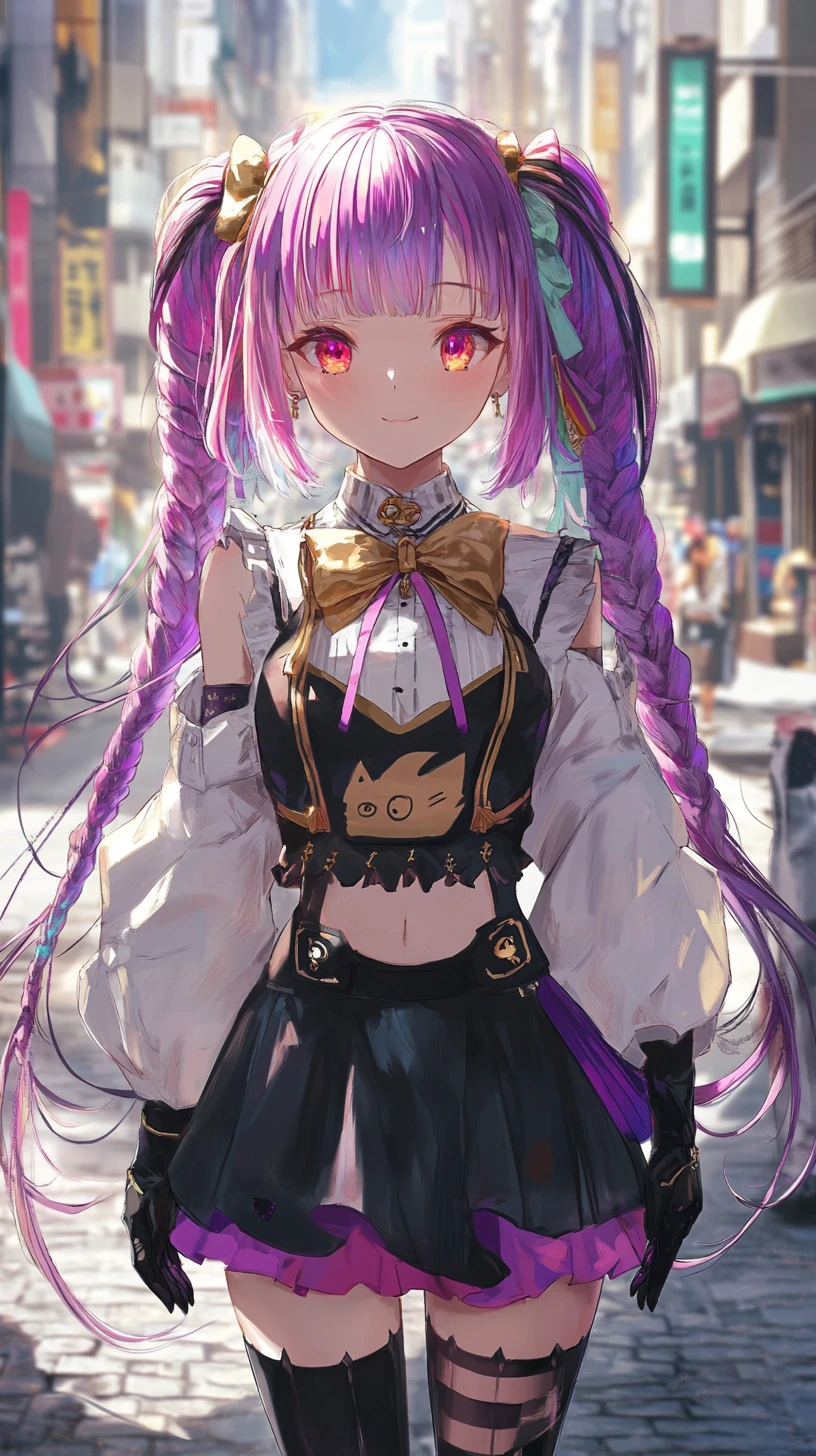 Chica de anime de cabello morado paseando un gato negro