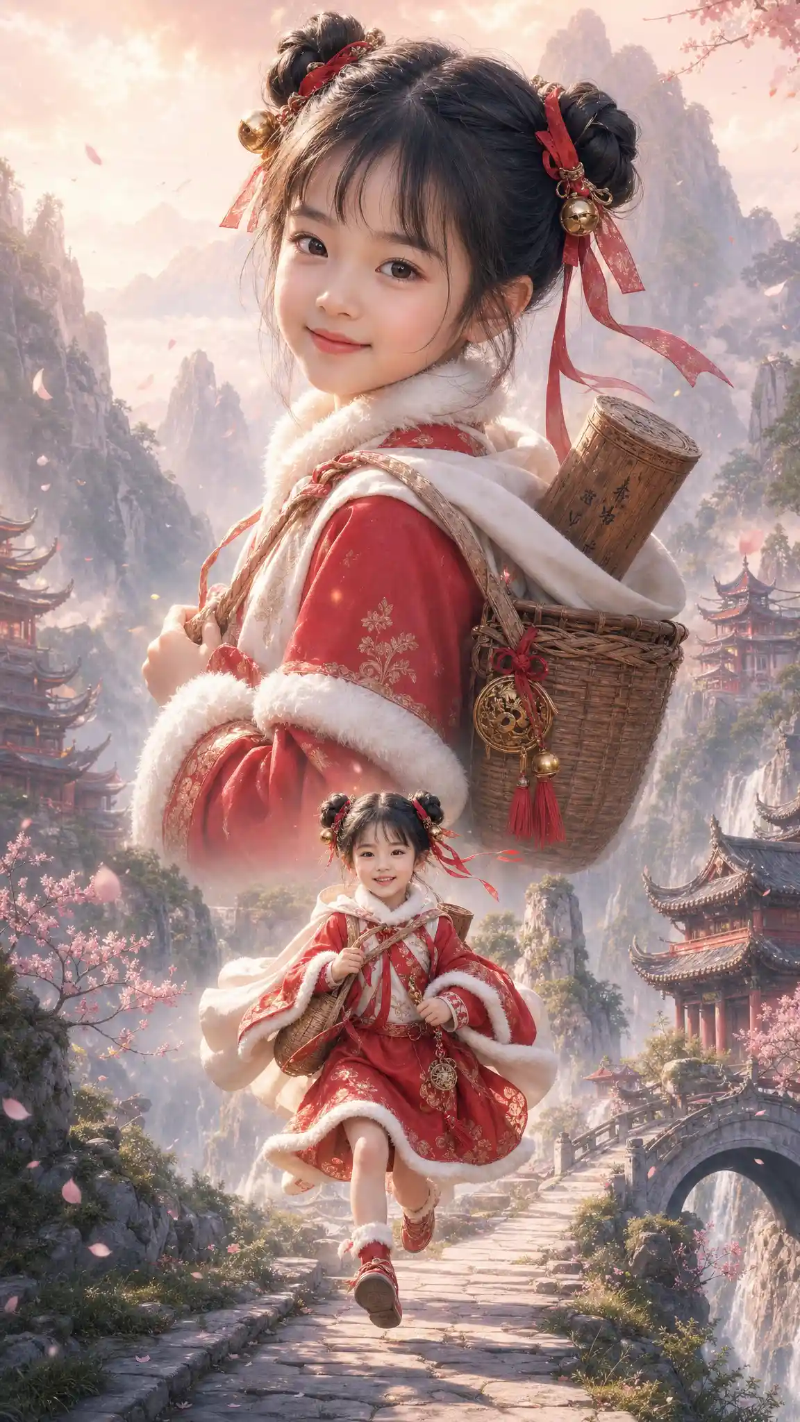 Young Asian girl in red cape in fantasy mountain temple