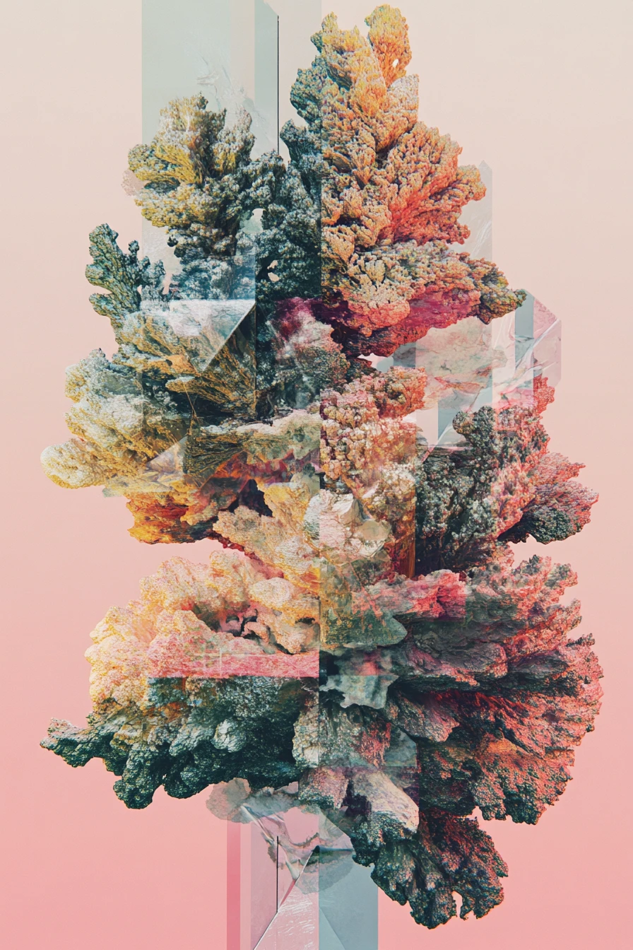 Formas fractales biomórficas surrealistas en un espacio abstracto de colores pastel