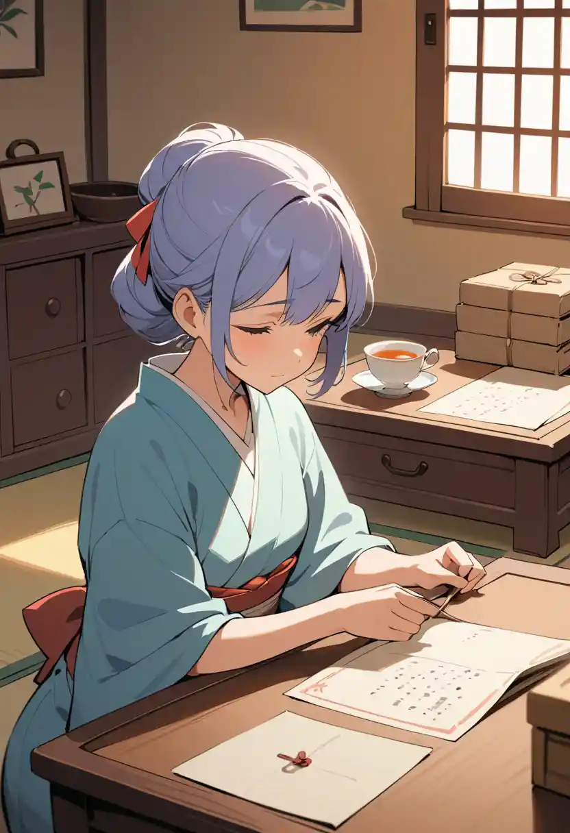 Young woman reading old letters in a sunlit tatami room