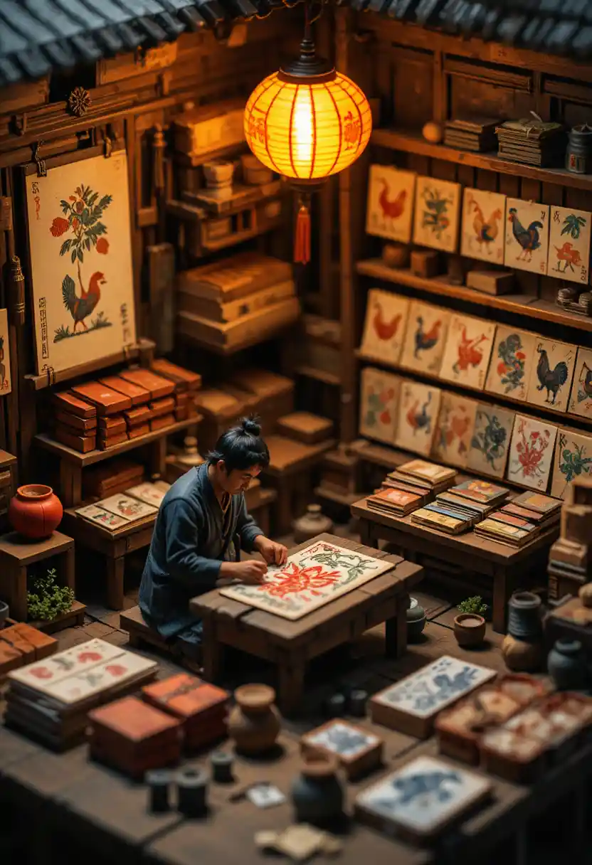Miniature Dong Ho woodblock workshop lit by a warm lantern
