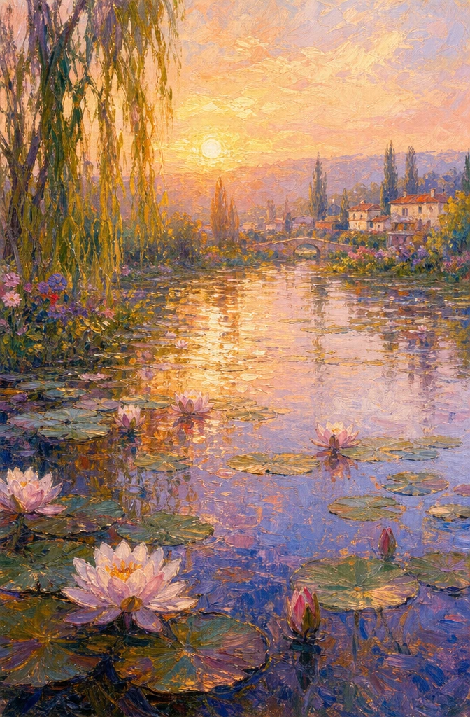 Sereno estanque impresionista de nenúfares al amanecer con luz suave