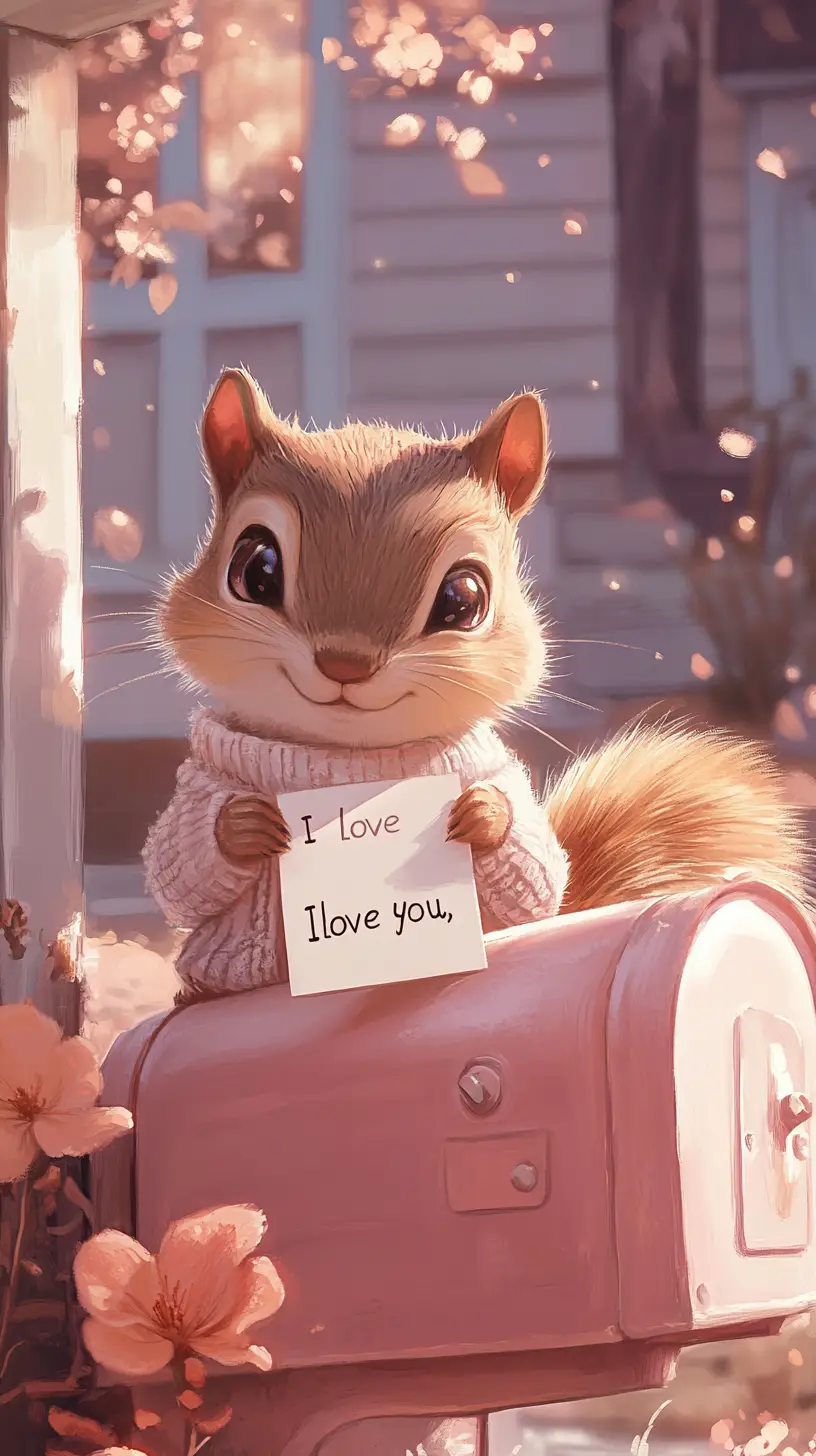 Cute chipmunk with love note on pink mailbox