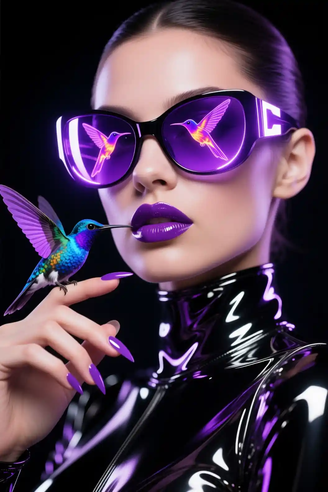 Futuristic woman in reflective sunglasses with violet hummingbirds
