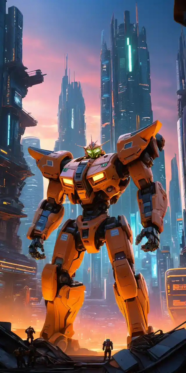 Giant mecha battle in a futuristic city arena at dusk