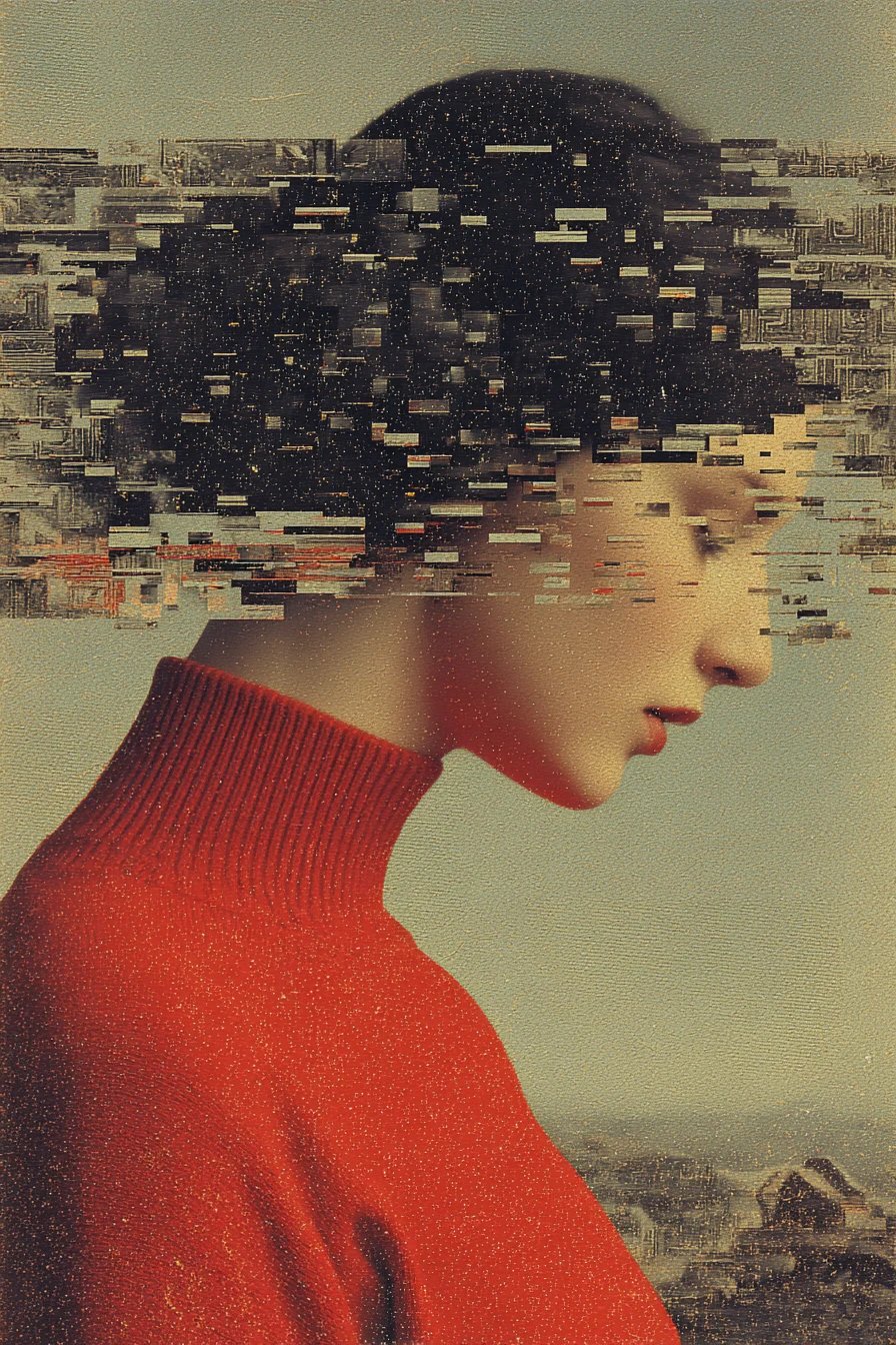 Mujer melancólica surreal en collage abstracto de luz suave