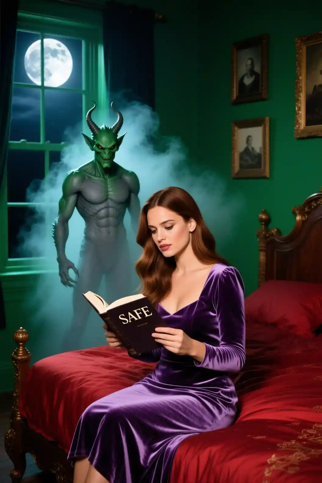 Woman reading on a red bed under eerie moonlight